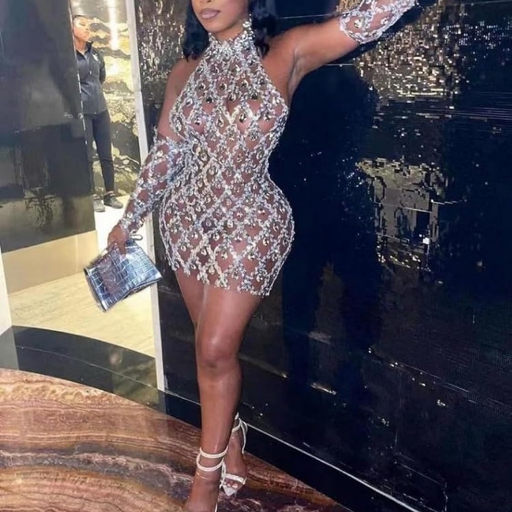 Rhinestones sequin mesh mini dress
